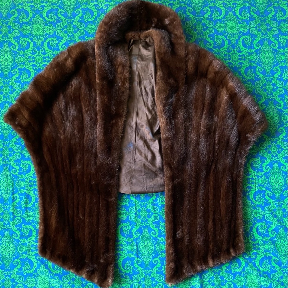 50’s Mahogany Dark Brown Mink Stole | Short Collar & Brown Silk Lining